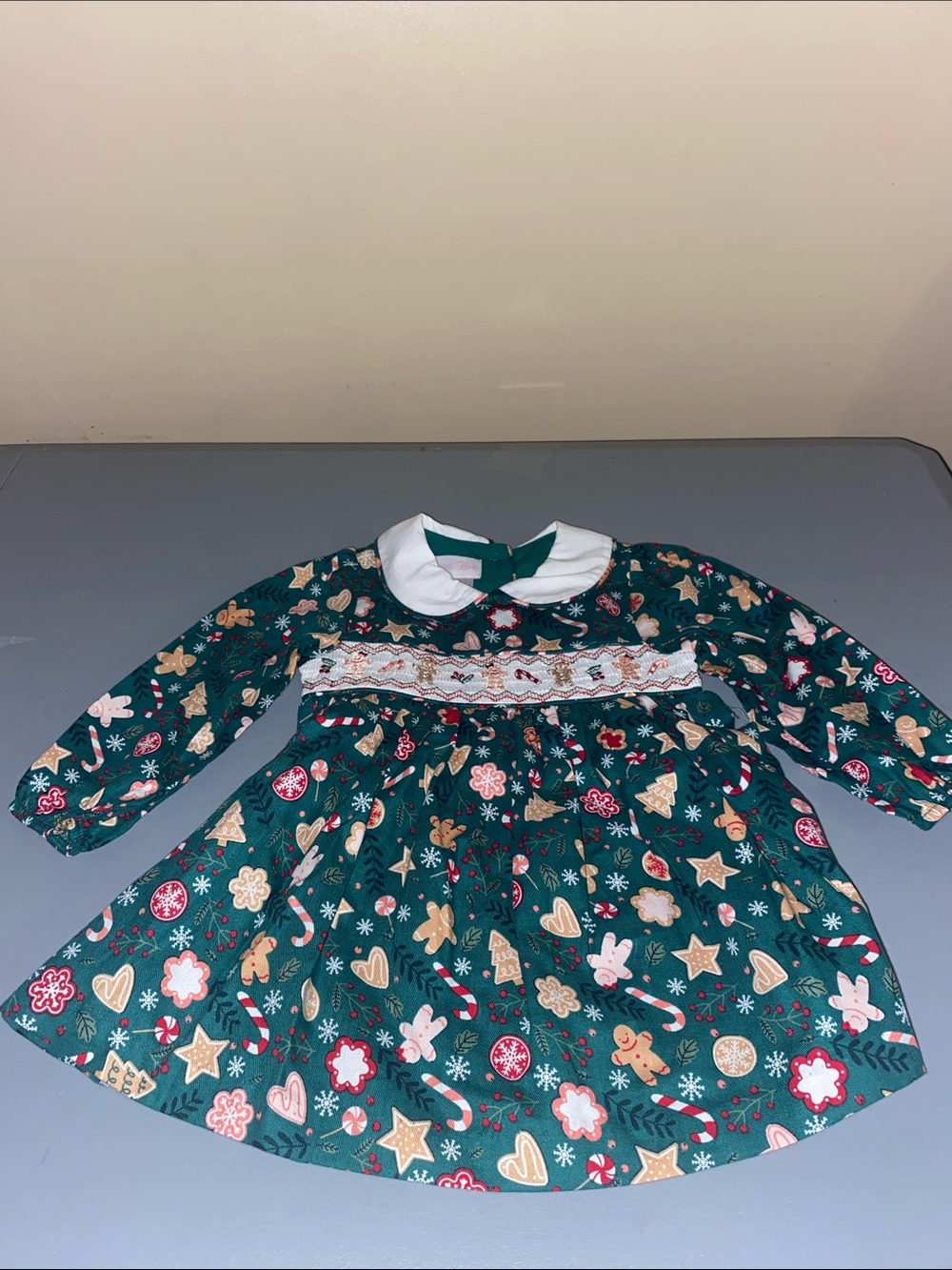 Bonnie Baby Green Holiday Cookie Print Peter Pan Collar Dress Size 12M